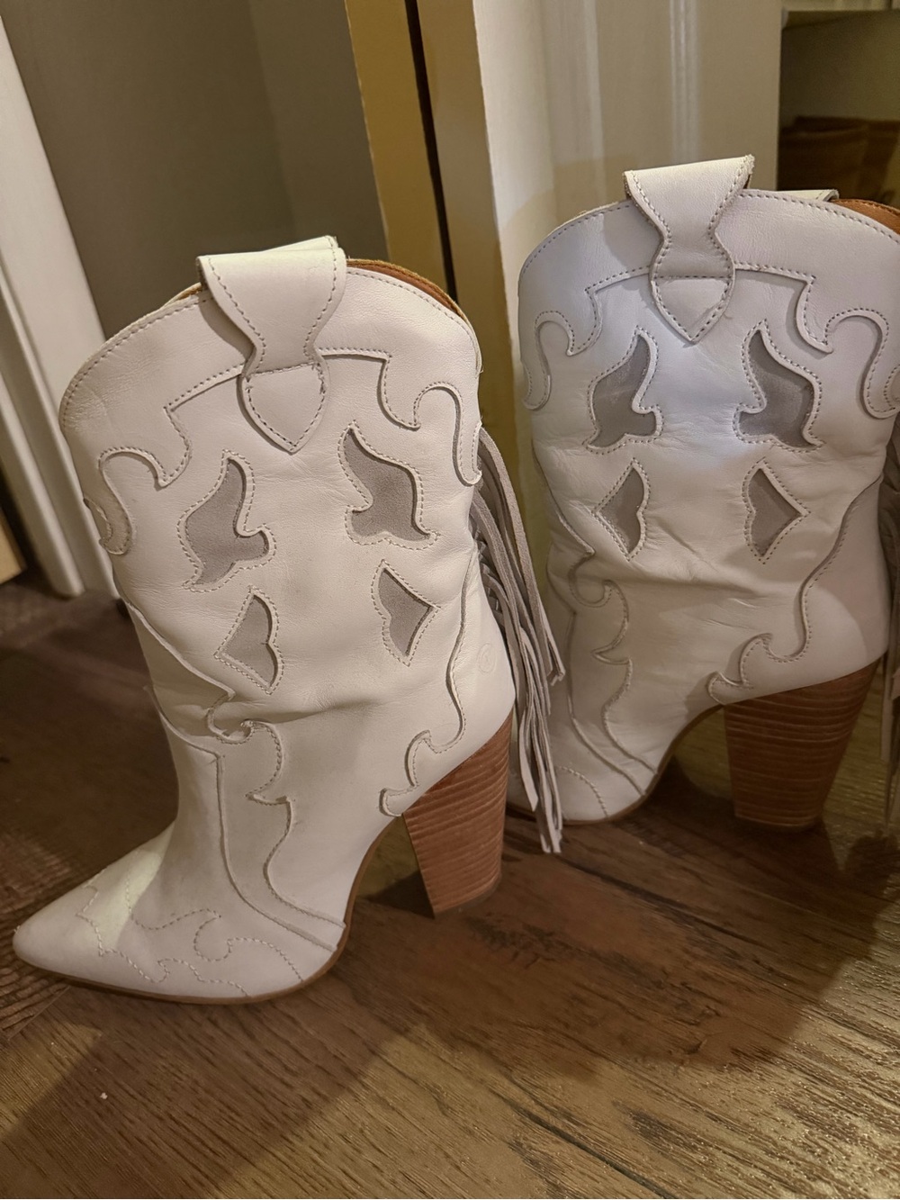 dingo White Western Fringe Ankle Boots with Stacked Heel